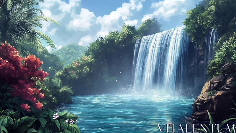 Sunlit tropical waterfall rendered in high-detail digital painting