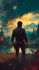 Lone gunman stands before mountain landscape at dusk