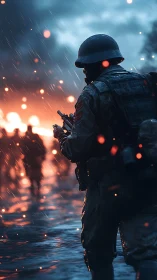 Rain-soaked soldier strides toward firelit chaos at dusk