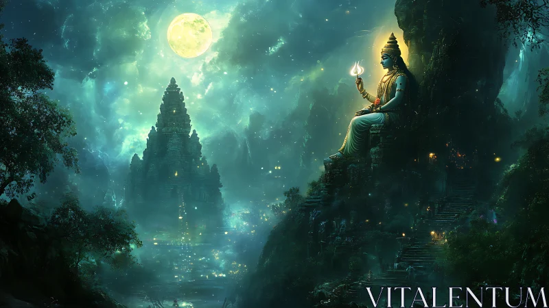 Moonlit deity overlooking mystical temple city in mist