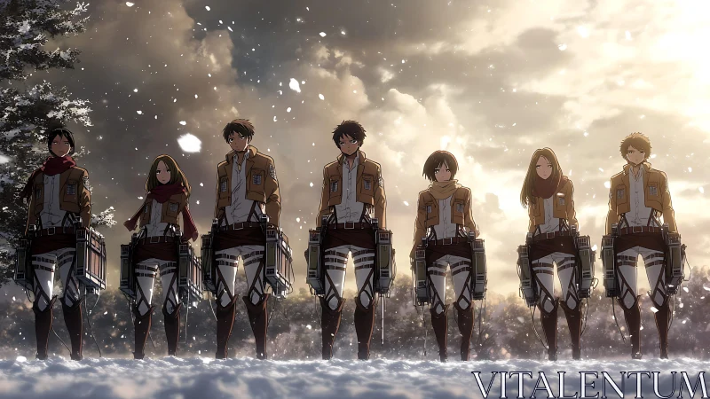 Snowbound anime squad in tactical winter formation stance.