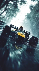 Rain-soaked race car surges forward with bold focused energy