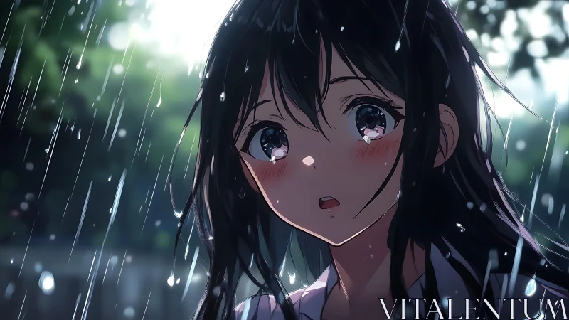 Girl stands in summer rain with wide, tear-bright eyes