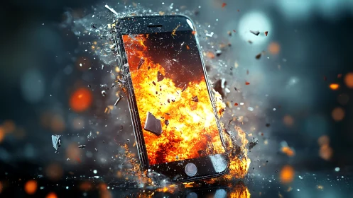 Smartphone explosion sends molten shards through neon haze.