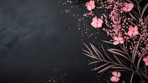 Pink Flowers on Dark Textured Background with Floating Petals.