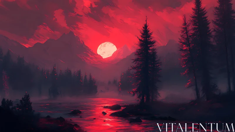 Blood-red moonrise over misted pine valley river. Period.