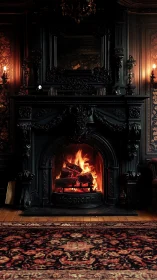 Ornate fireplace with active fire burning in black cast iron insert
