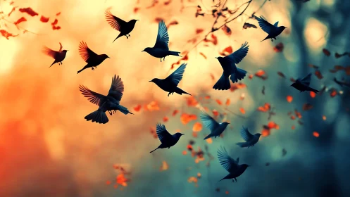 Flock of Birds in Autumn Forest at Sunset, Vibrant Artistic Style.