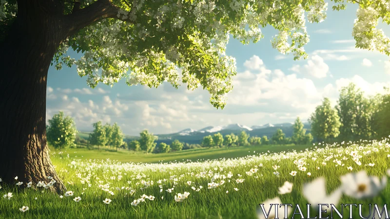 High-detail 3D spring meadow under flowering tree canopy