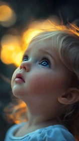 Child gazing upward at golden light with wonder.