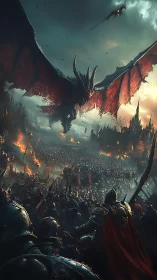 Epic fantasy battlefield with dragon-dominated aerial siege scene.