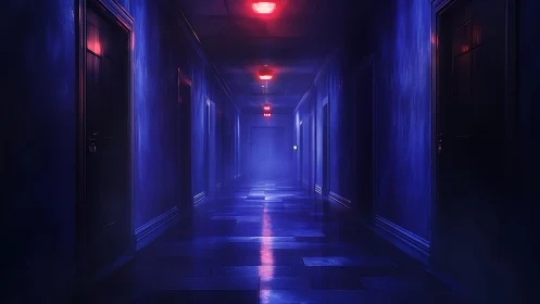 Dim blue corridor with red emergency ceiling lights.