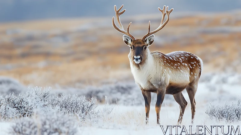 Photorealistic winter stag in frosted tundra composition.