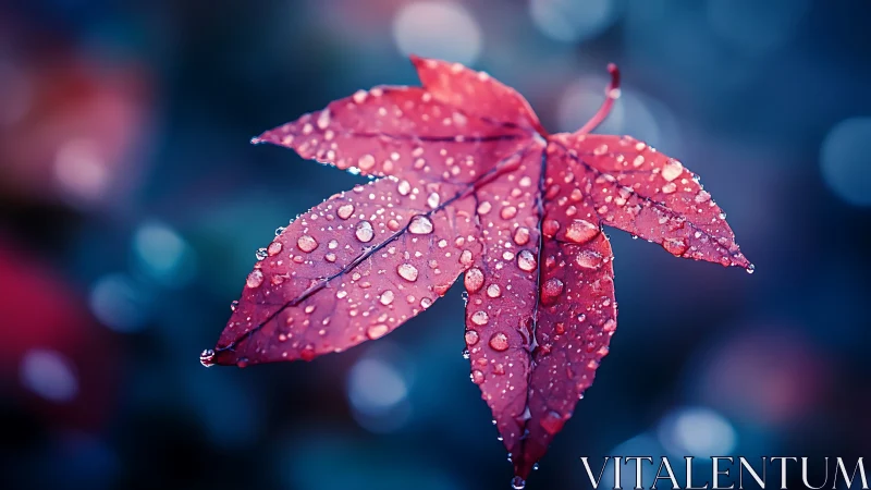 Rain-kissed crimson leaf drifting in twilight bokeh hush.