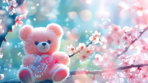 Sparkling teddy bear daydream among soft cherry blossoms.