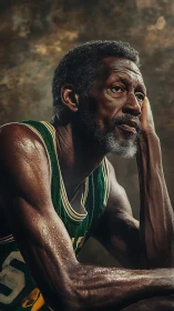Weathered court philosopher in emerald jersey, glowing sweat.