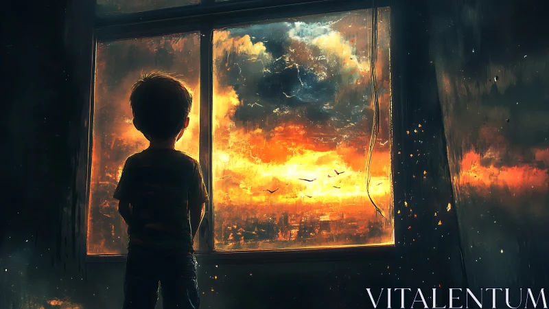 Child silhouette watching intense sky through window.