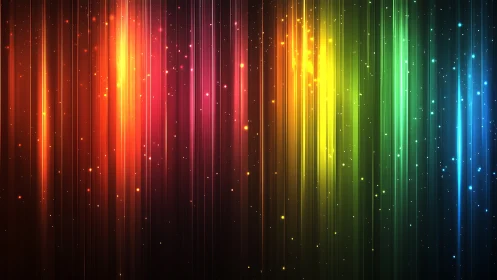 Vertical rainbow light streaks on dark digital background.