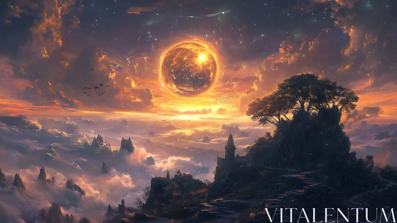 Golden sky realm with glowing sun above misty mountains.