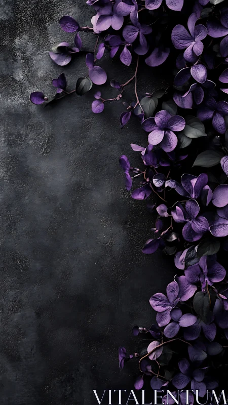 Purple Hydrangea Blooms on Dark Textured Surface.