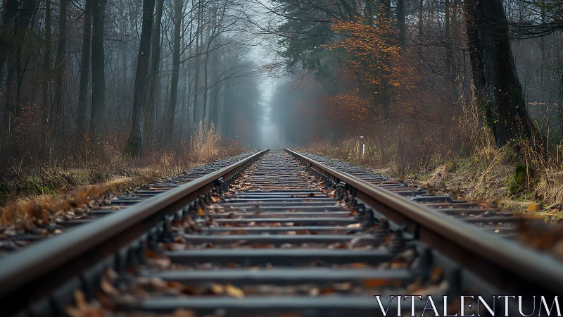 Low-angle railway perspective through misty deciduous forest corridor