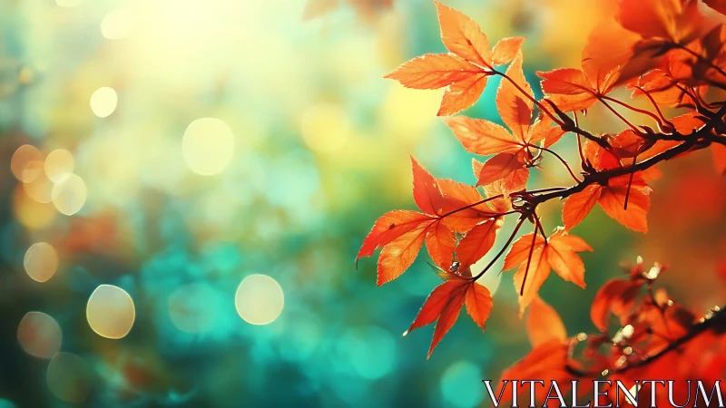 Red autumn leaves against bright teal bokeh background.