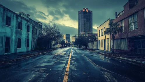 Moody downtown street glowing after a quiet evening rain.
