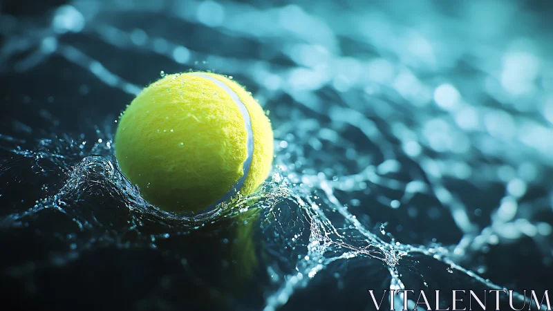 Neon court escape: lone tennis ball surfing electric water.
