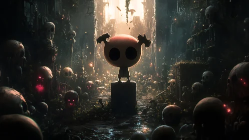 Tiny skull-headed girl confronts a glowing necropolis of eyes