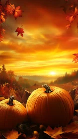 Pumpkins sit in an autumn field under vivid orange sunset