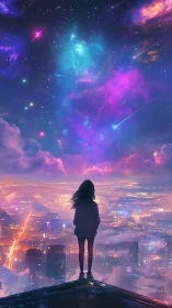 Girl on rooftop gazes into neon cosmic night sky in wonder