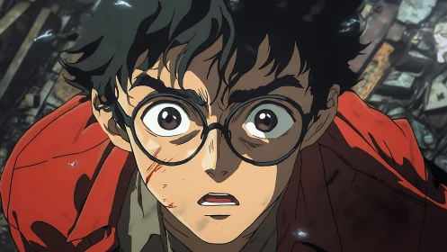 Wide-eyed rebel in shattered citylight, caught mid-gasp.