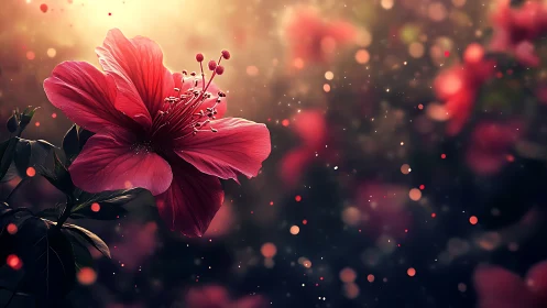 Deep red hibiscus flower with bokeh light particles and blurred background depth.