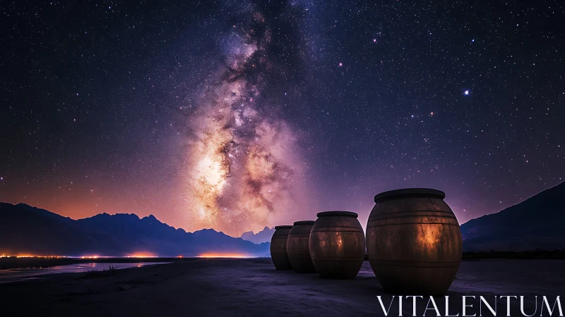 Night sky Milky Way core above river valley with clay jars