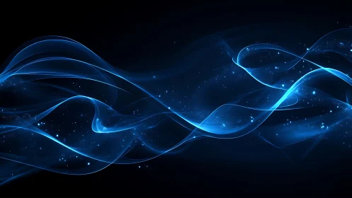 Blue luminous waveforms on dark background in motion field.