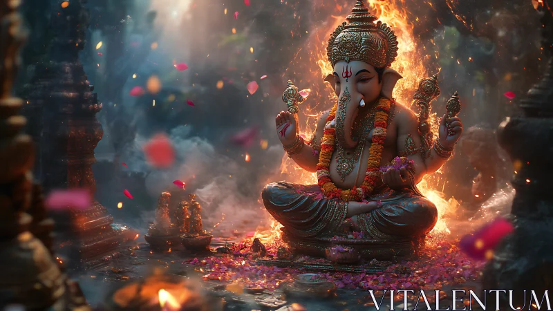 3D-rendered Ganesha sculpture amid firelit petals in temple shrine