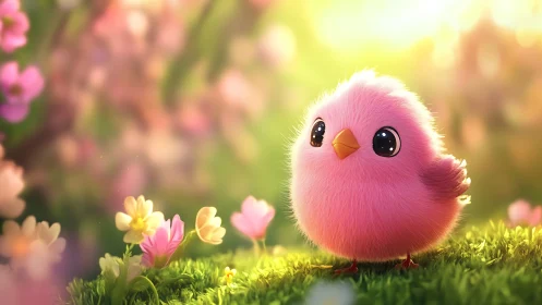 Fluffy pink songbird under golden bokeh spring light.