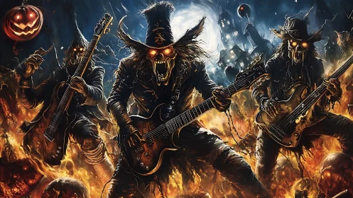 Hellfire scarecrow metal band shredding under full moon.