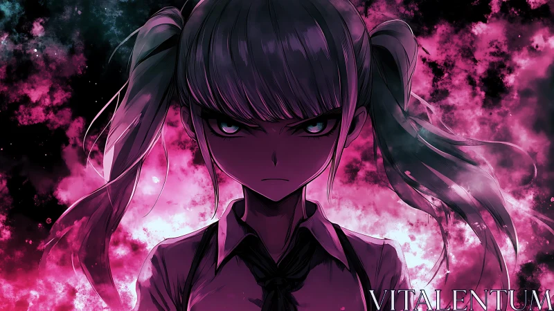 Storm-eyed schoolgirl in neon rage-lit cosmic smoke.