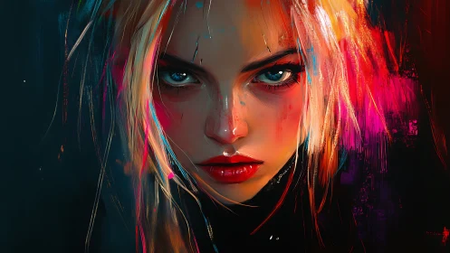 Blonde female portrait with neon color streaks on dark field.