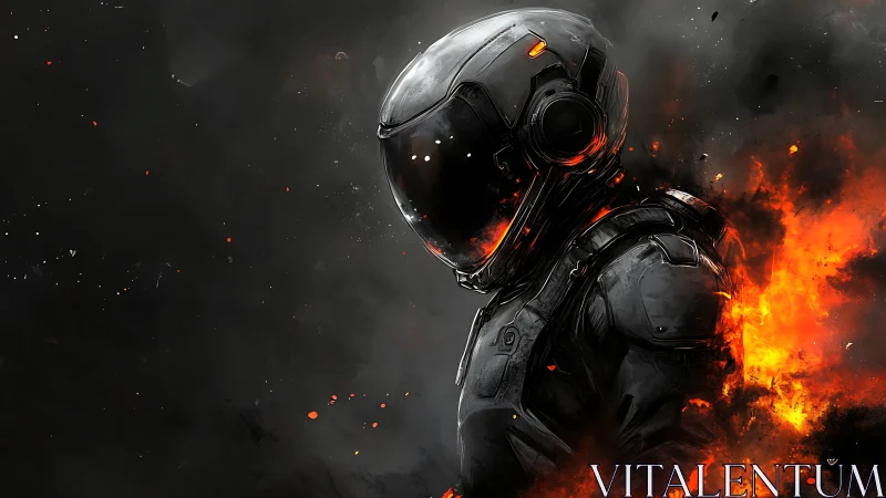 Armored space operative rendered amid asymmetric combustion plumes