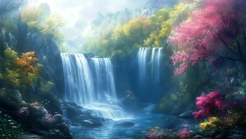 Enchanted twin waterfalls cascade into a misty forest pool