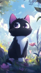 Black kitten with violet eyes in luminous flower meadow.
