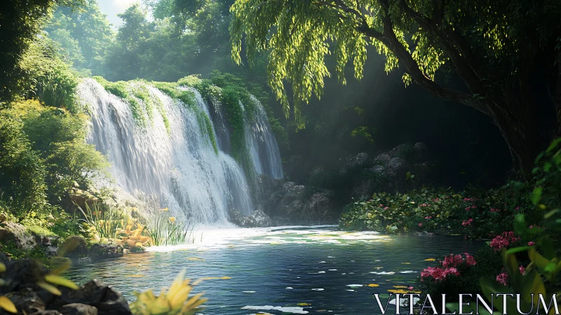 Lush forest waterfall flowing into calm reflective pond.