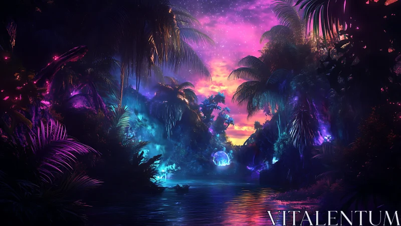 Bioluminescent alien jungle river under magenta nebula sky