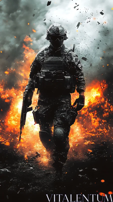 Ballistic infantry operator emerging through reactive firestorm.