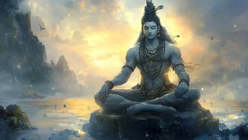 Meditating blue-skinned deity on rocky islet at luminous dawn