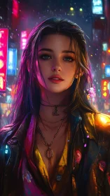 Neon-lit city portrait captures a confident woman at night