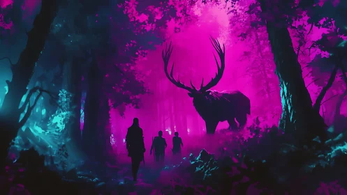 Silhouetted figures and stag in neon illuminated forest.