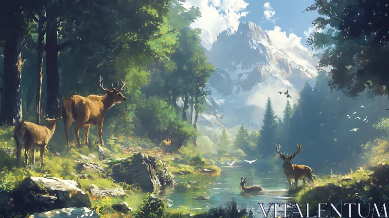 Deer in forested mountain valley beside clear river.